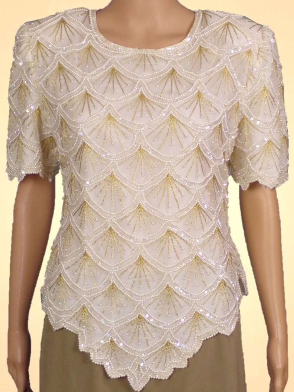 SILK! LAURENCE KAZAR size L juniors ivory/gold blouse sequins & faux pearls